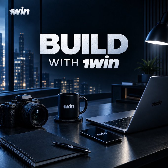 Promotional 'BUILD WITH 1WIN' image showing a dark desk scene with branded merchandise including a mug, laptop, camera, smartphone, and notebook against a nighttime city backdrop.