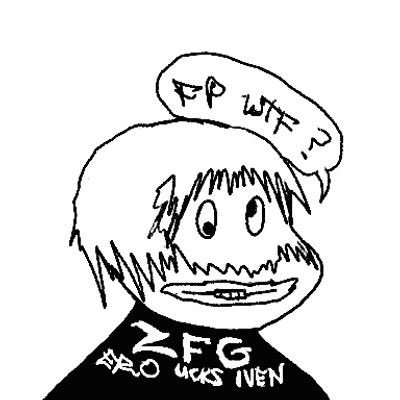 A crude MS Paint-style drawing of a stick figure with scribbled hair, a speech bubble reading "FP WTF!?", and a shirt labeled "ZFG AO UCKS INEN".
