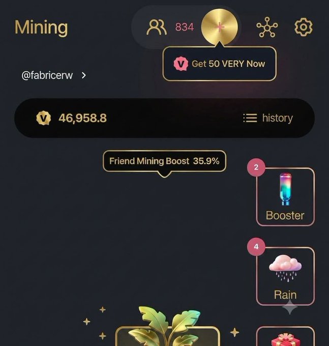 A screenshot of a 'Mining' interface showing a balance of 46,958.8 VERY, a 'Friend Mining Boost 35.9%', and buttons for 'Booster' and 'Rain'.