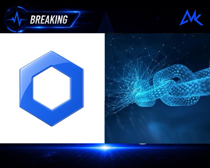 A news broadcast graphic with "BREAKING" text at the top left and an "MK" logo at the top right, featuring the Chainlink (LINK) cryptocurrency logo on the left and an image of blockchain chains on a blue digital background on the right.