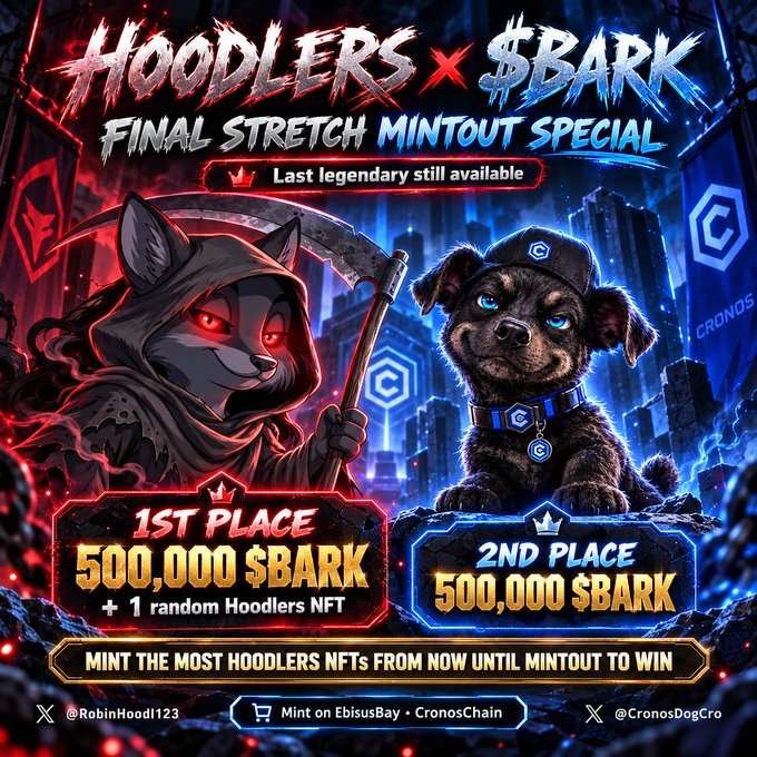 Promotional graphic for 'Hoodlers x $BARK' Final Stretch Mintout Special featuring a hooded reaper wolf and a puppy in a Cronos cap, offering 1st place 500,000 $BARK + 1 random Hoodlers NFT and 2nd place 500,000 $BARK.
