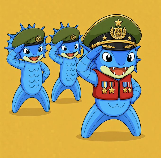 A cartoon illustration of three blue sea creature-like characters wearing green military berets, saluting against a yellow background.