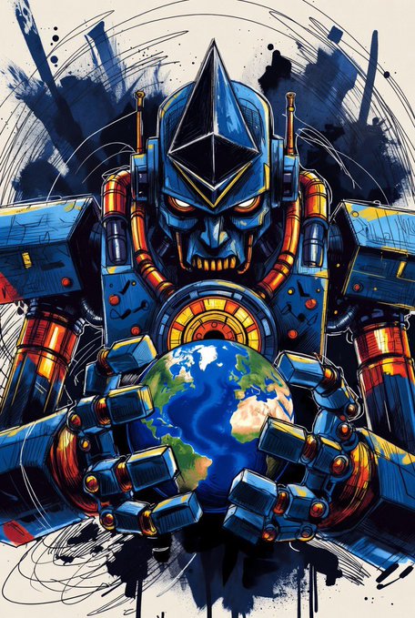 A menacing blue and red mechanical figure with glowing orange eyes grips planet Earth in its hands, set against a backdrop of bold black ink splatters. The image visually reinforces the post's message about Ethereum ($ETH) seizing global financial dominance, portraying the cryptocurrency as an unstoppable force poised to "consume the financial world" through tokenization, with its $189 billion market cap representing just the beginning of its projected trillion-dollar potential.