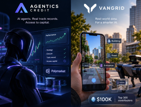 A promotional banner for 'AGENTICS CREDIT' featuring a futuristic AI agent in profile alongside charts and benefits (Performance, Strategy, Execute, Payment, Access capital, Polymarket), paired with a 'VANGRID' advertisement highlighting AR mobile technology labeling a street scene (Building, Road, Entrance, Window) and offering $100K to top 300 contributors.