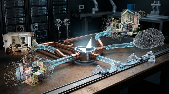 A stylized digital illustration shows glowing blue data streams flowing through a central hub toward houses, robotic devices, and a wireframe human head in a laboratory-like setting.