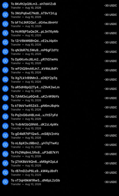 The image shows a list of 18 USDC (USD Coin) transactions on what appears to be the Solana blockchain, each with a "Transfer" label dated August 10, 2026, for -30 USDC, sent to various wallet addresses. This appears to support the post's claim of distributing $30 USDC drops, suggesting the poster is documenting airdrop payments to multiple recipients.