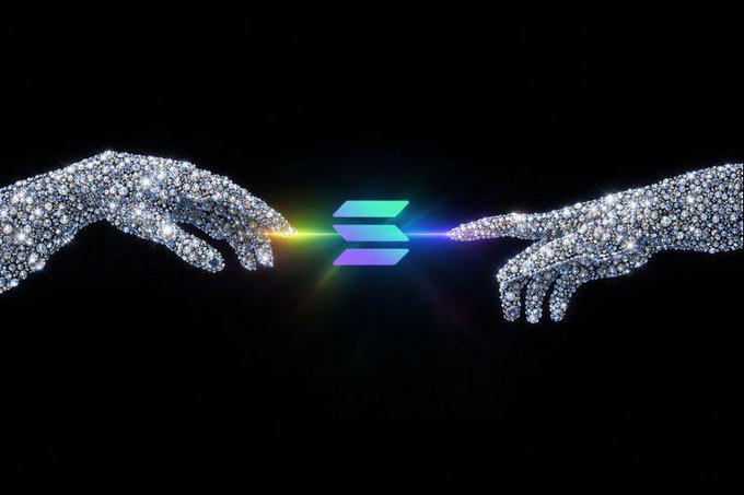A digital artwork showing two diamond-encrusted hands reaching toward each other with the glowing Solana logo between them against a black background, referencing Michelangelo's 'Creation of Adam'.