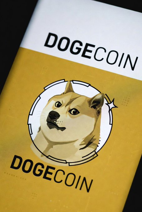 A promotional image or graphic showing the Dogecoin logo, featuring the Shiba Inu dog, with the text 'DOGECOIN' on both top and bottom of a yellow and white background.
