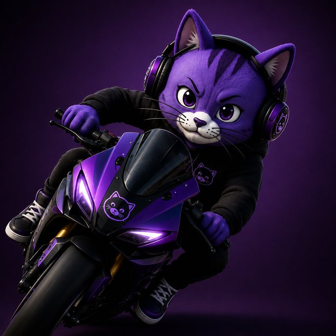 A 3D-rendered anthropomorphic purple cat wearing headphones and a black hoodie rides a purple and black motorcycle with glowing accents. The character has an intense, focused expression.