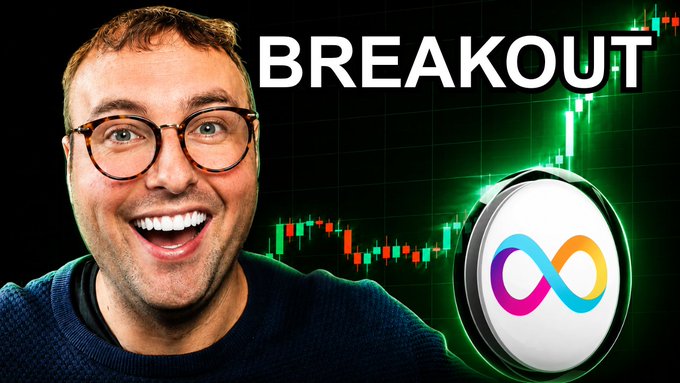 The image shows a man wearing glasses, with a large screen displaying a financial graph showing a sharp upward trend, and he appears to be smiling. Above him, there is a text that reads "BREAKOUT", possibly referring to an upcoming event or market shift related to cryptocurrency trading.