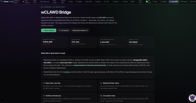 ClawdCode's wCLAWD Bridge Story page explaining the lock-and-mint mechanism between Solana and Robinhood Chain, displaying reserve balances and bridge status.