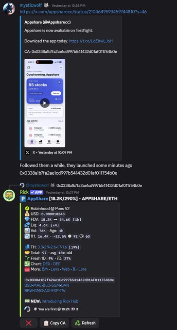 The image shows a Discord conversation featuring an announcement that "Appshare" is now available on Testflight, followed by trading data displaying APPSHARE on ApeStore with a current price of 18.2K (-22.9%) and a market cap of $97 avg 16w old, suggesting the post's author successfully "aped" into the Appshare token early before it gained traction toward $1M market cap.