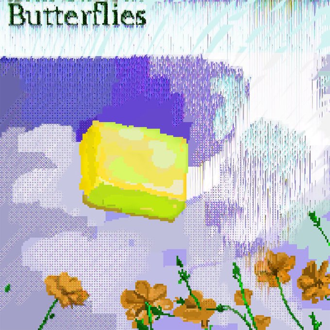 A pixelated, glitch-art style image labeled 'Butterflies' at the top, featuring a yellow cube-like shape against a blue sky with flowers at the bottom, rendered in a retro digital aesthetic.