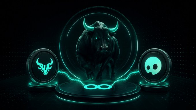 A powerful bull glowing in neon cyan stands centered within a luminous circular frame, flanked by two coin-like tokens—one displaying a bull emblem and the other a ghost face—symbolizing the launchpad's unique approach of pairing new tokens with established assets like BTC and HYPE on HyperEVM.
