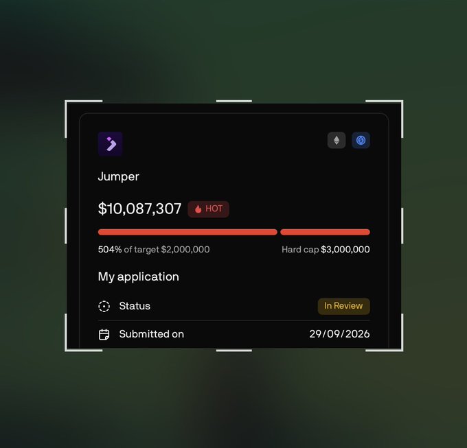 A digital sales dashboard for the "Jumper" project displays $10,087,307 raised—504% of its $2,000,000 target—marked with a red "HOT" indicator, while the user's application status shows "In Review" as of 29/09/2026, visually confirming the post's claim of the sale being massively oversubscribed.