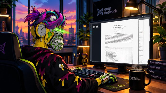 A vibrant, neon-drenched zombie-like figure wearing a headset with glowing green laser eyes sits at a desk, intensely reviewing the "Quip Network: The Academic Quantum Computer Architecture" whitepaper on their monitor, complete with a branded "quip network" coffee mug and books on quantum computing, blockchain, web3, and "THE FUTURE." The image visually embodies the caption's theme of a developer diving into Quip Network's architecture to address quantum coordination challenges and contribute open quantum solvers.