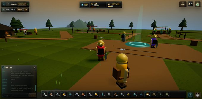 In this image, there's an advertisement for a video game called "Corefall". The advertisement displays a cartoon character from the game set against a bright orange backdrop with a clear sky. The character stands confidently at the center of the scene, holding a baseball bat over his shoulder and wearing a hat. The background features mountains in the distance.

The image is accompanied by a caption that provides context about the Corefall game's unique gameplay mechanics. One of these mechanics involves players purchasing virtual property (such as houses or businesses) from an open call and investing their time to make profits through the growth of the community. 

The advertisement emphasizes that the game has already been purchased, creating opportunities for early investors, as described by a quote attributed to Corefall's developer. This gaming ecosystem provides unique earning possibilities for players as it expands over time with more members joining the community and properties being acquired.