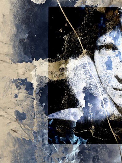 An abstract mixed-media artwork combining a close-up portrait of a person with blue and white textures, gold leaf-like accents, and a black background.