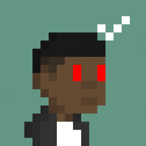 A pixel art portrait shows a brown-skinned figure with red eyes wearing a dark shirt against a teal background, with white pixelated blocks floating above.