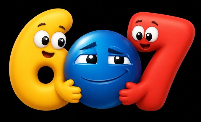 Three cartoon-style numbers—a yellow "6" and a red "7" with arms—are playfully hugging a smirking blue sphere on a black background. The image ties to the post by visually representing the "667" branding of the @sixsevenapp mentioned in the caption.