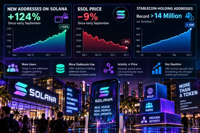An infographic about Solana cryptocurrency showing new addresses up 124%, SOL price down 9%, and stablecoin-holding addresses exceeding 14 million as of October 7, with images of Solana branding in a city environment.