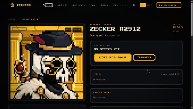 A screenshot of the ZECKERS NFT marketplace displaying a pixel art pirate character titled 'ZECKER #2912' with a price of 1510.