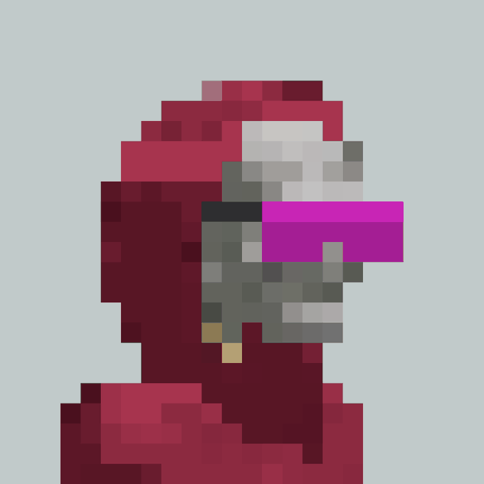 A low-resolution pixel art portrait depicting a hooded figure in dark red robes with a white, skull-like face featuring purple accents, set against a light blue background.