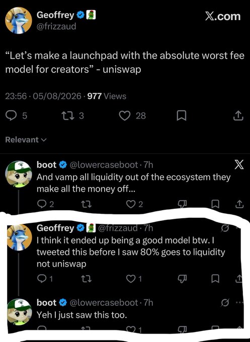 A screenshot of an X/Twitter thread by Geoffrey (@frizzaud) discussing a 'uniswap' launchpad model, with a circled exchange between Geoffrey and boot (@lowercaseboot) regarding ecosystem liquidity.