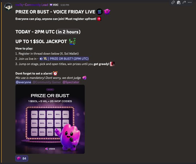 A Discord announcement titled 'PRIZE OR BUST - VOICE FRIDAY LIVE' promoting an event with a '1 $SOL JACKPOT' and instructions to register, join the live voice chat, and pick/open titles.