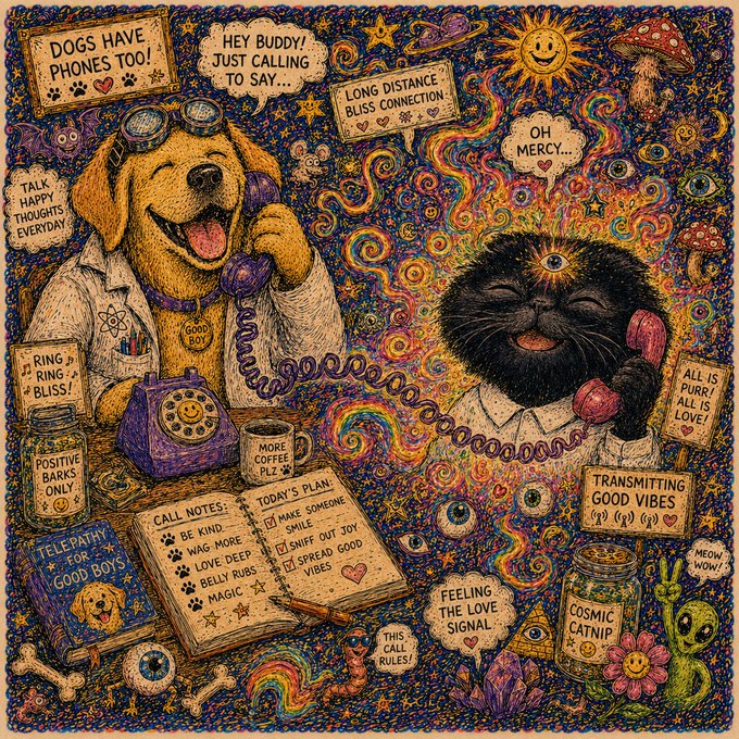 A whimsical, psychedelic illustration shows a happy dog and a cosmic black cat (with a third-eye) on a phone call, surrounded by swirling galaxies, floating mushrooms, aliens, and crystals, with visible text including "DOGS HAVE PHONES TOO!", "HEY BUDDY! JUST CALLING TO SAY...", "LONG DISTANCE BLISS CONNECTION", "OH MERCY...", "RING RING BLISS!", "POSITIVE BARKS ONLY", "CALL NOTES: BE KIND, WAG MORE, LOVE DEEP, BELLY RUBS, MAGIC 8, MAKE SOMEONE SMILE, SNIF OUT JOY, SPREAD GOOD VIBES", "TRANSMITTING GOOD VIBES", "COSMIC CATNIP", "MEOW WOW!", "FEELING THE LOVE SIGNAL", and "ALL IS PURR! ALL IS LOVE!"

The image relates to the post by promoting the new BLISS token and community: the dog and