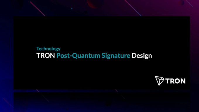 The image is a title slide reading "Technology: TRON Post-Quantum Signature Design" featuring the TRON logo, visually introducing the post's announcement that TRON has activated post-quantum signatures (using Falcon-512) on its Nile testnet ahead of other major blockchains.