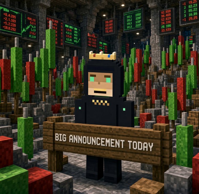 A Minecraft-style character wearing a crown stands behind a wooden sign that reads 'BIG ANNOUNCEMENT TODAY' in a room filled with stock market tickers and candlestick charts.