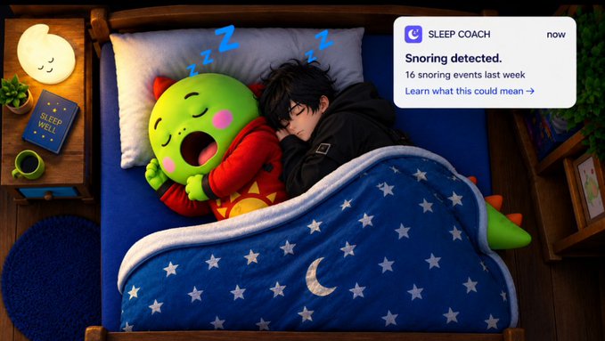 A 3D-rendered illustration of a boy sleeping in bed next to a green dinosaur plush toy under a starry blanket, with a notification popup from 'SLEEP COACH' stating 'Snoring detected. 16 snoring events last week'.