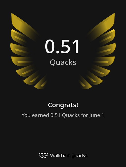 The image features a poster with an illustration of a bird's wing, which has gold accents and says "gQuack Everyone!! Just earned 0.51 Quacks on @wallchain in one day Turn insights into rewards and climb the leaderboard Use my referral link - quacks.app/?ref=0xfahim_e". The poster is displayed against a black background with white text, making it stand out prominently.