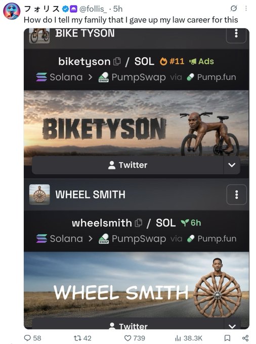 A social media post by @follis reading 'How do I tell my family that I gave up my law career for this', showcasing two memecoin listings: 'BIKETYSON' (SOL) and 'WHEEL SMITH' (SOL) on PumpSwap via Pump.fun.