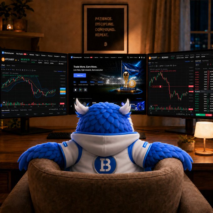 A blue furry character wearing a hoodie with a 'B' logo sits at a desk with three monitors displaying BTC/USDT trading charts, beneath a framed poster reading 'PATIENCE. DISCIPLINE. COMPOUND. REPEAT.'