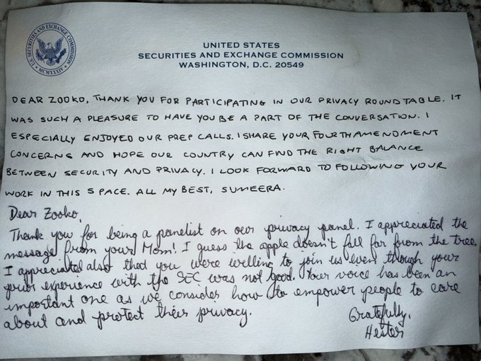 A handwritten letter on United States Securities and Exchange Commission letterhead from Sumneera and Hector addressed to "Zooko," thanking him for participating in a privacy roundtable.