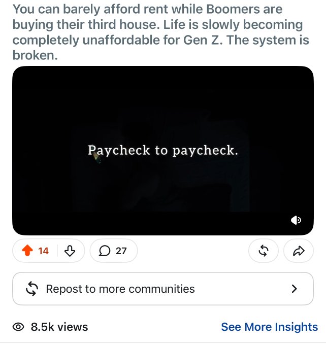 A Reddit post complaining about Gen Z financial struggles ("You can barely afford rent while Boomers are buying their third house. Life is slowly becoming completely unaffordable for Gen Z. The system is broken.") accompanies a dark video captioned "Paycheck to paycheck," with 14 upvotes, 27 comments, and 8.5k views. The post appears to be part of a covert SPX6900 promotion effort, using the viral financial hardship theme to attract engagement and subtly onboard new "Aeons" to the cryptocurrency community on unrelated subreddits.