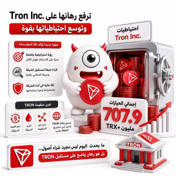 The image is a promotional graphic in Arabic featuring a white cartoon mascot holding a red TRON coin in front of a safe filled with TRX tokens, with text highlighting Tron Inc.'s aggressive expansion of its TRX reserves and a total holdings figure of "707.9 million TRX+" alongside the tagline about confidence in future TRON purchases.