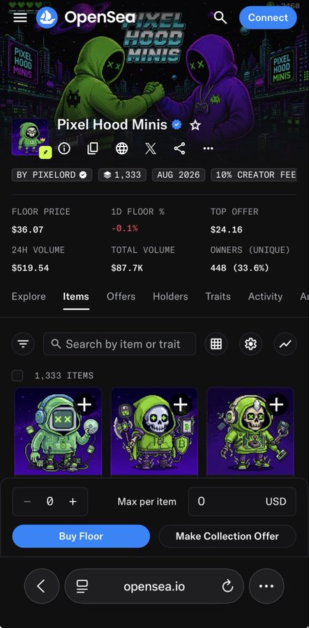 A screenshot of OpenSea showing the Pixel Hood Minis NFT collection with a floor price of $36.07, 1,333 items, and 448 unique owners (33.6%).