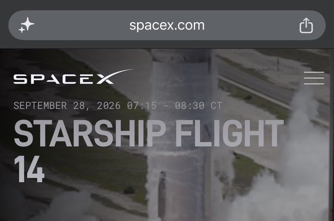SpaceX website banner showing "STARSHIP FLIGHT 14" scheduled for "SEPTEMBER 28, 2026 07:15 – 08:30 CT" with a background image of a rocket test or launch.