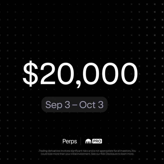 The image is a stark promotional graphic featuring "$20,000" in large white text on a black background, with "Sep 3 – Oct 3" displayed below it, accompanied by "Perps" and "PRO" branding at the bottom. This directly highlights the $20K USDG prize pool mentioned in the post, marking the conclusion of the AI Chip Supercycle Challenge that ran from September 3 to October 3.