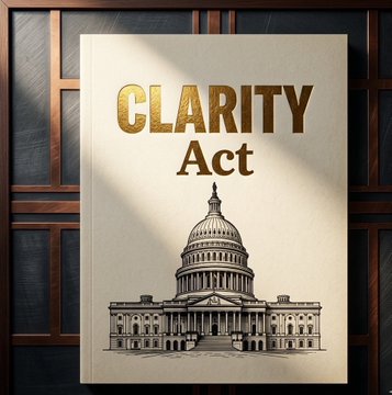 The image shows a document titled "CLARITY Act" displayed on a wall, featuring an illustration of the U.S. Capitol building beneath the heading. This visual reinforces the post's announcement that the Senate will vote on the CLARITY Act this week, as confirmed by Senate Banking Committee Chair Tim Scott.