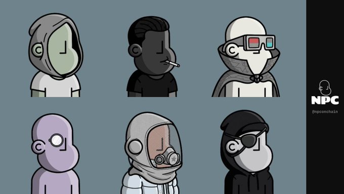 Six stylized cartoon characters with minimal facial features and various accessories (hoodie, cigarette, VR goggles, gas mask, pirate eyepatch) branded as 'NPC' by @npcnchain.