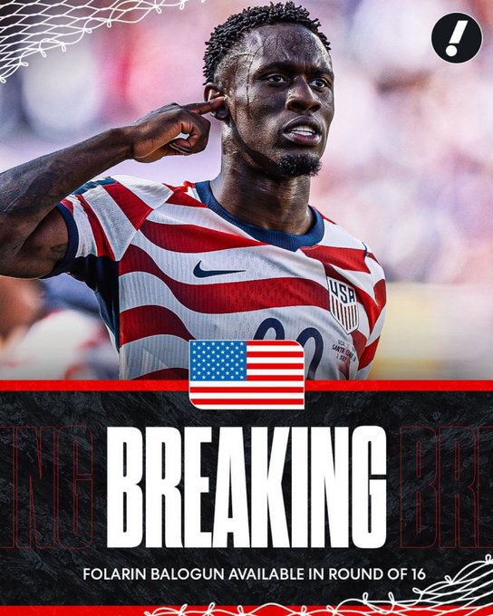 A soccer player wearing a USA #22 jersey celebrates with a hand to his ear, with text reading "BREAKING: Folarin Balogun Available in Round of 16." The post expresses surprise that Balogun, a key USMNT forward, is somehow still available in the fantasy soccer draft's round of 16, suggesting his omission is an unexpected steal.