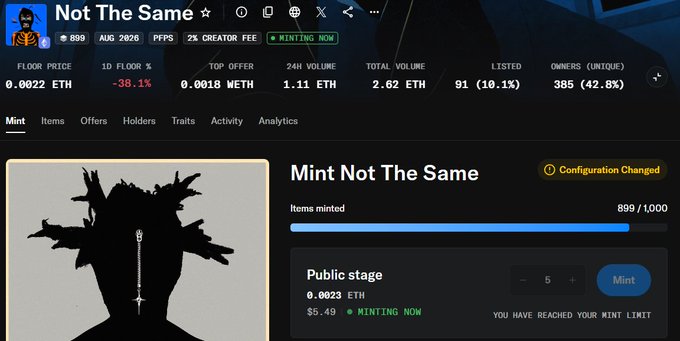 An NFT minting page for 'Not The Same' collection showing 899/1000 items minted at a floor price of 0.0022 ETH with -38.1% change, displaying a hooded character with a sword silhouette.