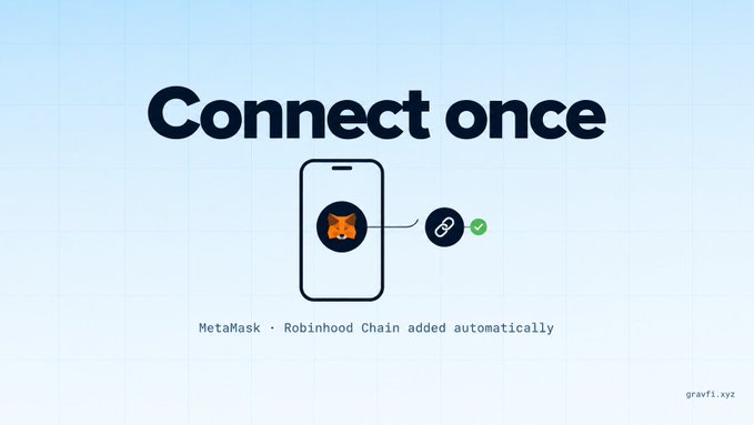 A minimalist blue graphic displaying the bold text "Connect once" above an illustration of a smartphone with a fox (MetaMask) logo connecting via a chain link icon to a green checkmark, with the subtext "MetaMask · Robinhood Chain added automatically" below—visually reinforcing the post's message about seamless one-click MetaMask connection that automatically integrates Robinhood Chain.