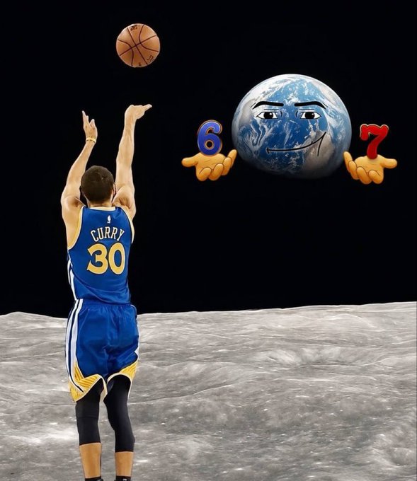 A composite image showing Stephen Curry (#30) shooting a basketball toward Earth on the moon, with Earth making a 6 and 7 hand gesture.