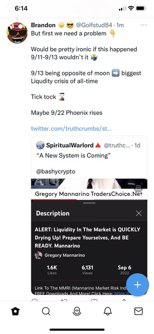 A Twitter/X screenshot from user @Golfstud84 (Brandon) discussing a potential liquidity crisis on 9/13, quoting a post by @truthc... about 'A New System is Coming' referencing Gregory Mannarino's alert about the market drying up.