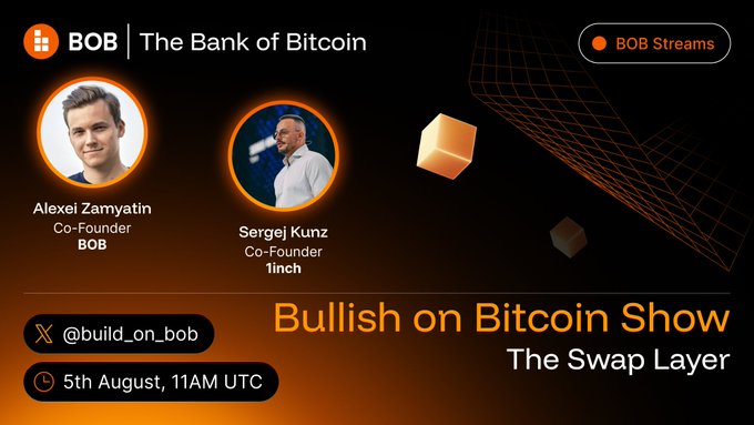 Promotional graphic for BOB (The Bank of Bitcoin) featuring co-founders Alexel Zamyatin and 1inch co-founder Sergej Kunz, advertising the "Bullish on Bitcoin Show: The Swap Layer" stream on August 5th at 11AM UTC, hosted on @build_on_bob's X Spaces.
